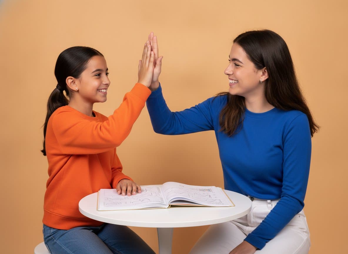 Profesora y alumna celebrando un aprobado chocando la mano